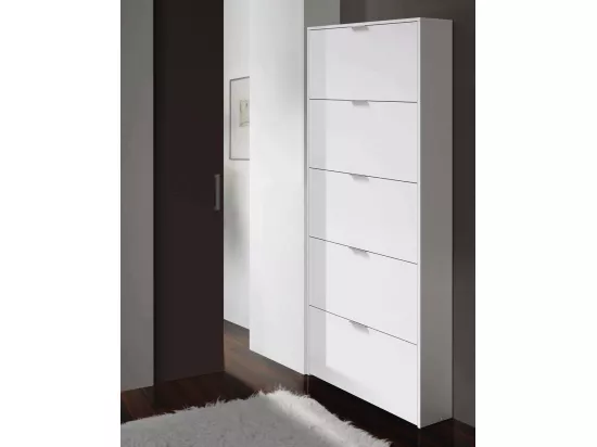 Étagère à chaussures Washington, Armoire à chaussures avec 5 portes pliantes, Étagère à chaussures d'entrée haute, Étagère à chaussures moderne, 70x17h180 cm, Blanc brillant