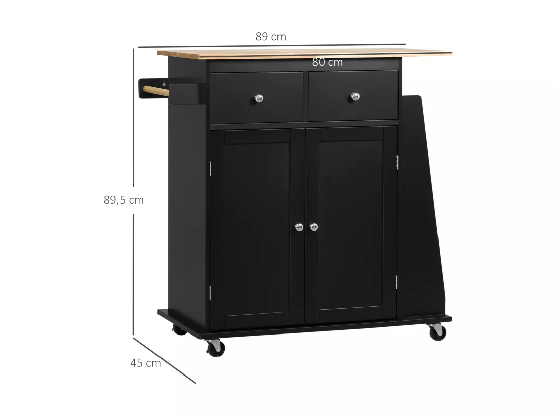 Desserte de cuisine multi rangements 2 tiroirs placard 2 portes avec étagère 3 range-bouteilles porte-torchons MDF noir hévéa