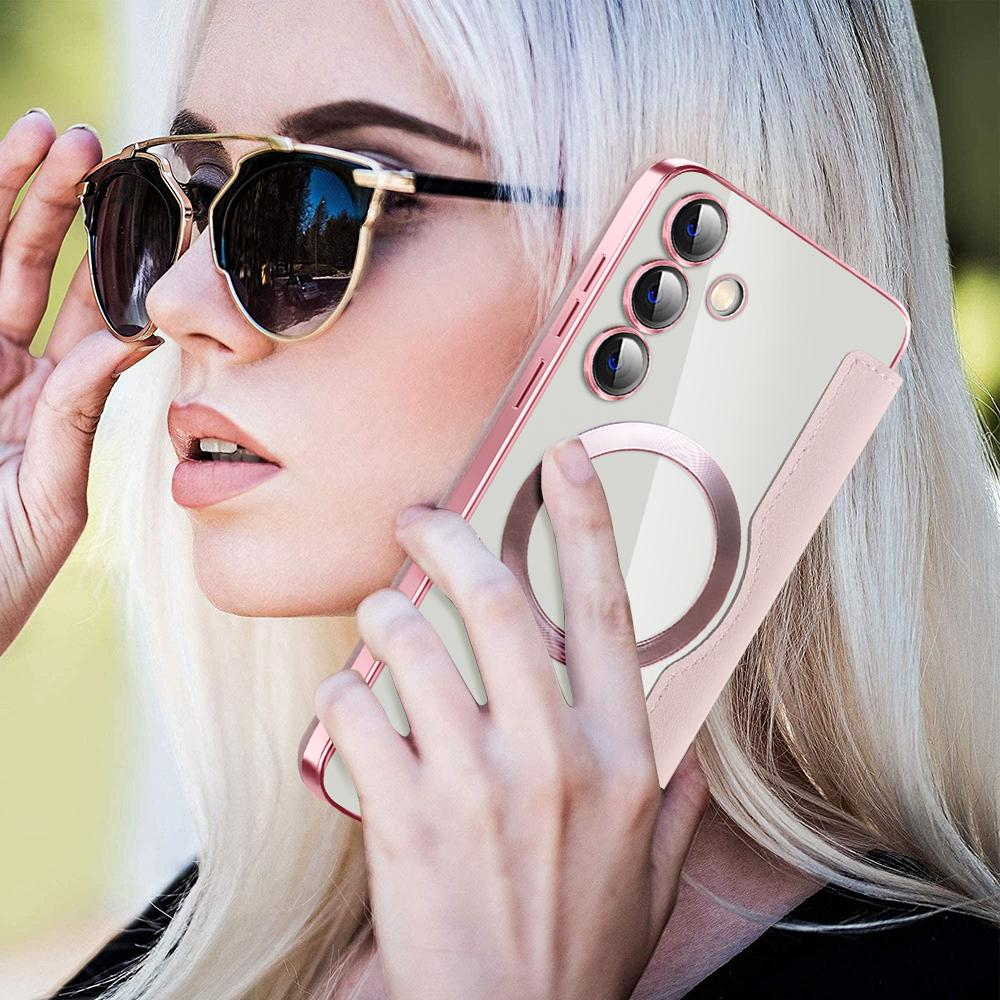 Samsung Galaxy S24  Plus Hybrid Leder Tasche   Kunststoff Rückseite MagSafe-Modul - Rosa / Transparent