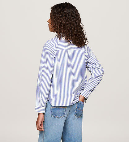 Tommy Hilfiger Bluse - Ruffle Kragen - Mid Blue/Optik White