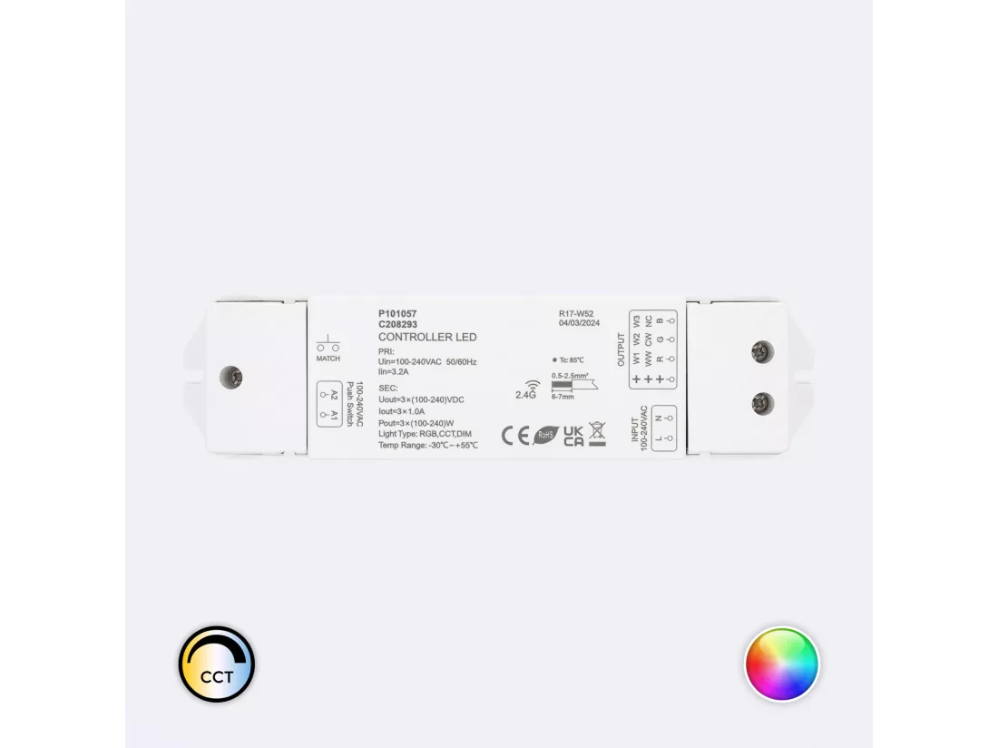 Contrôleur Variateur pour Ruban LED RGB-CCT 220-240V AC Compatible avec Bouton-Poussoir et Télécommande RF RGB