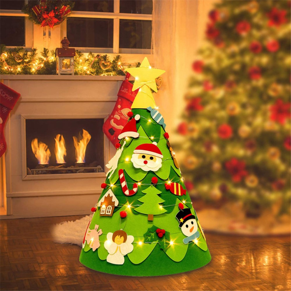 (30-tlg. Set) 75x48cm Kinder Spielzeug Christmas Tannenbaum Deko Filz Weihnachtsbaum   Deko Figuren   LED Lichterkette