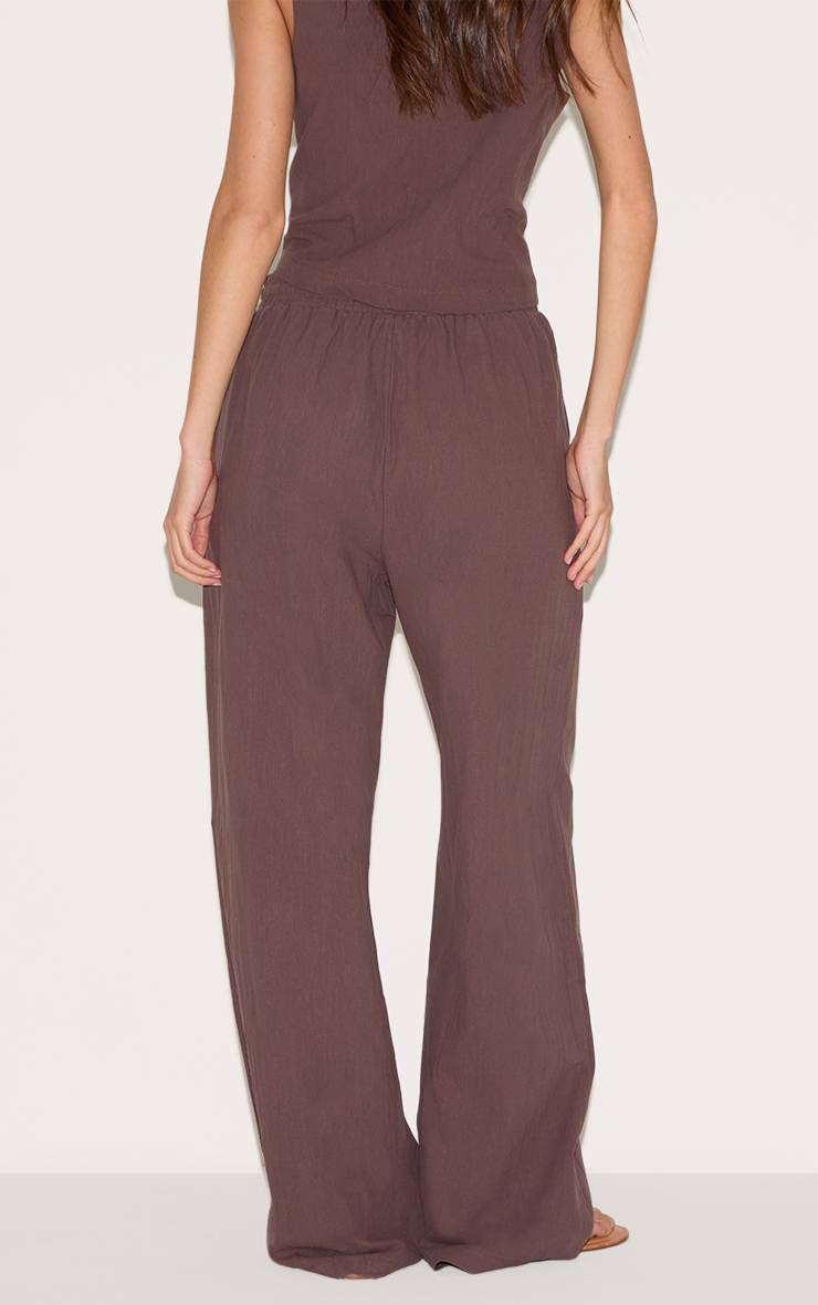 Marron Foncé Pantalon Large À Cordon De Serrage Aspect Lin Taillé