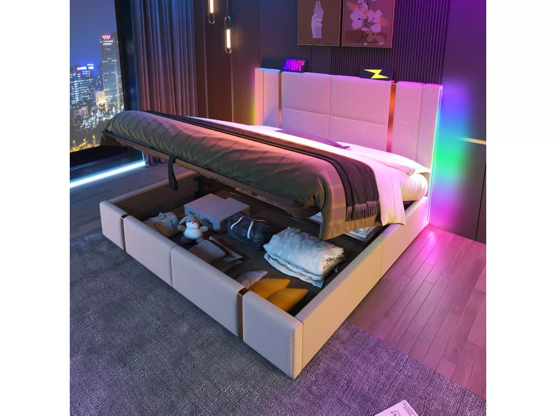 Lit coffre 180 x 200 cm avec tête de lit - Prises USB et Type-C - LEDs - Tissu en lin - Beige (sans matelas)