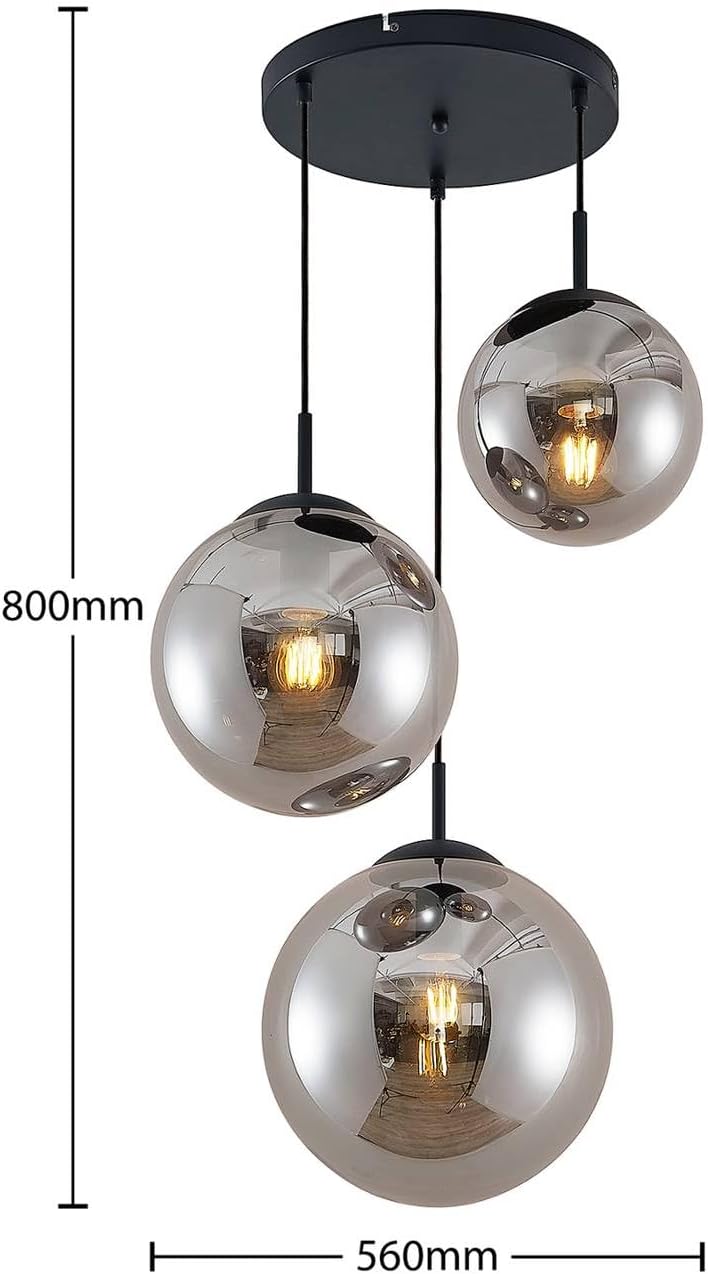 Lindby Esstisch Pendelleuchte Glas rauchgrau, 3 Schirme Ø 30 25 20 cm Hängeleuchte Rauchglas Esszimmer 3x E27 ohne Leuchtmittel Hängelampe Wohnzimmer Esszimmerlampe