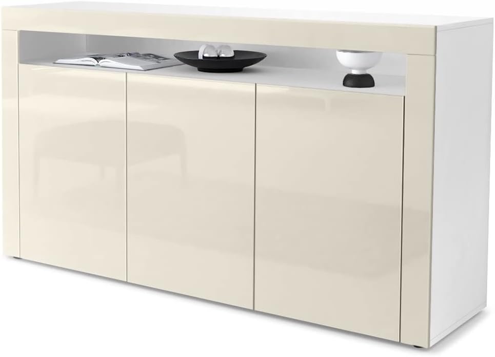 Vladon Sideboard Valencia, Made in Germany, Kommode mit 3 Türen und 1 offenem Fach, Weiß matt/Creme Hochglanz (155 x 92 x 40 cm)