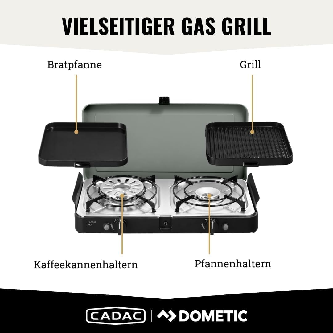 CADAC - 2-Cook 3 Pro Deluxe Camping Gasgrill - 50mBar - Stahl, Aluminium und Kunststoff - Gas-Campingkocher - inkl. Camping Kuchbuch & Transporttasche