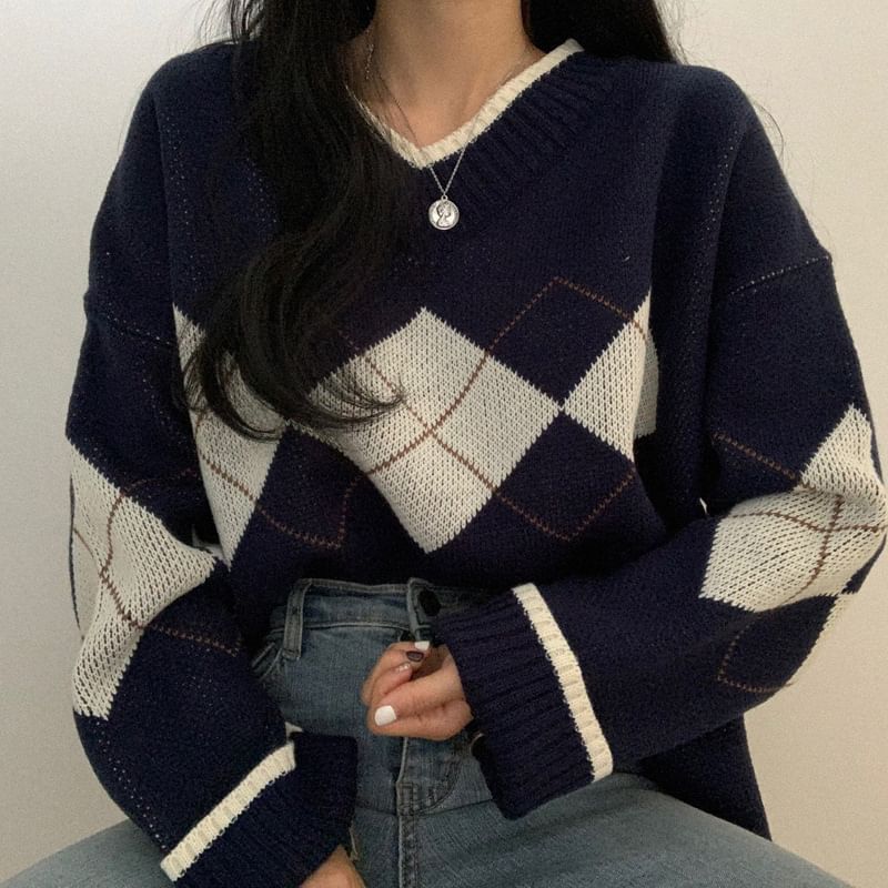 BrickBlack - V-hals Argyle Oversized Trui