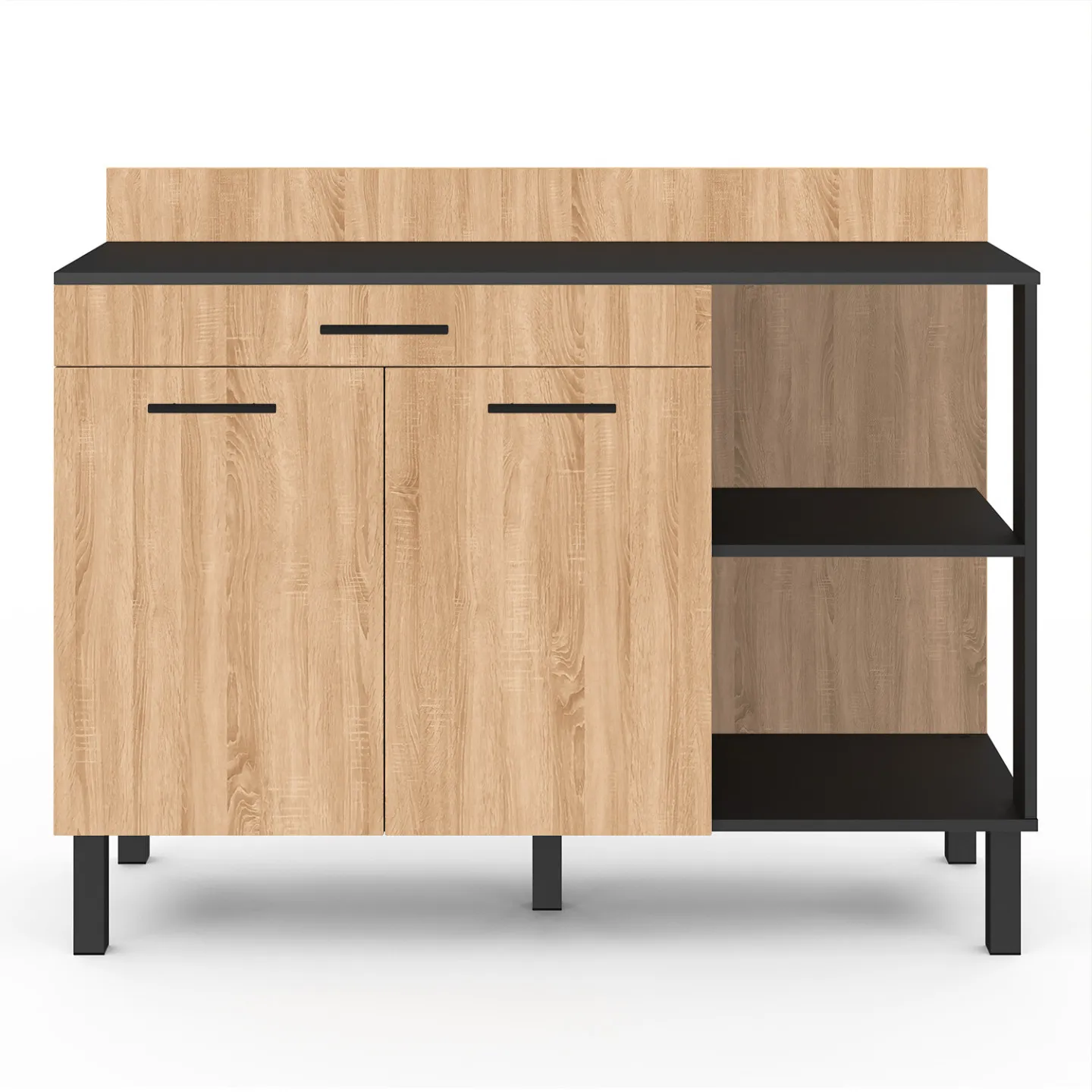 Buffet bas de cuisine 120 cm CINA plan de travail H.83 cm 2 portes + tiroir noir et façon hêtre
