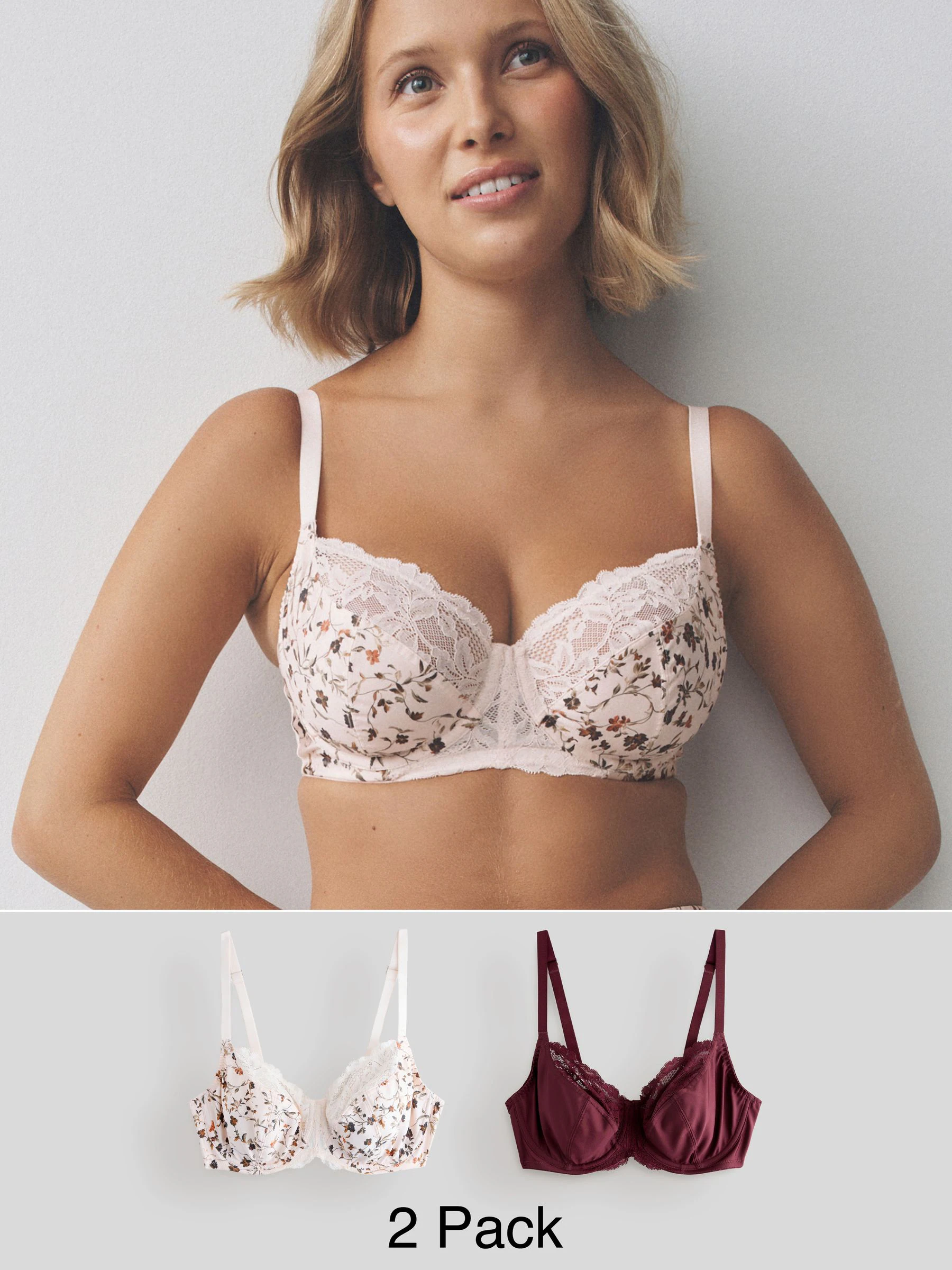 Crème bloemen & bessen - DD+ beugelbeha van microvezel en kant met volledige cups zonder vulling