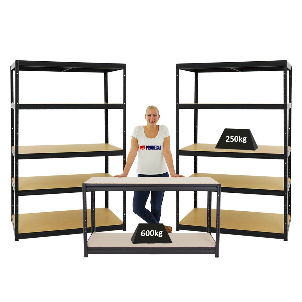 PROREGAL Mega Deal: 2x Heavy-Duty Plankenkast Big Elephant M (HxBxD 180 x 120 x 60 cm) & 1x In hoogte verstelbare werkbank Big Dino (HxBxD 90 x 160 x 60 cm) Zwart