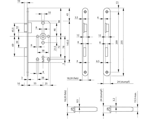 BKS insteekslot voor toilet- en badkamerdeuren 0215 DIN links, 55/78/8, opdek, afdekplaat 20x235 mm nikkelzilver gelakt