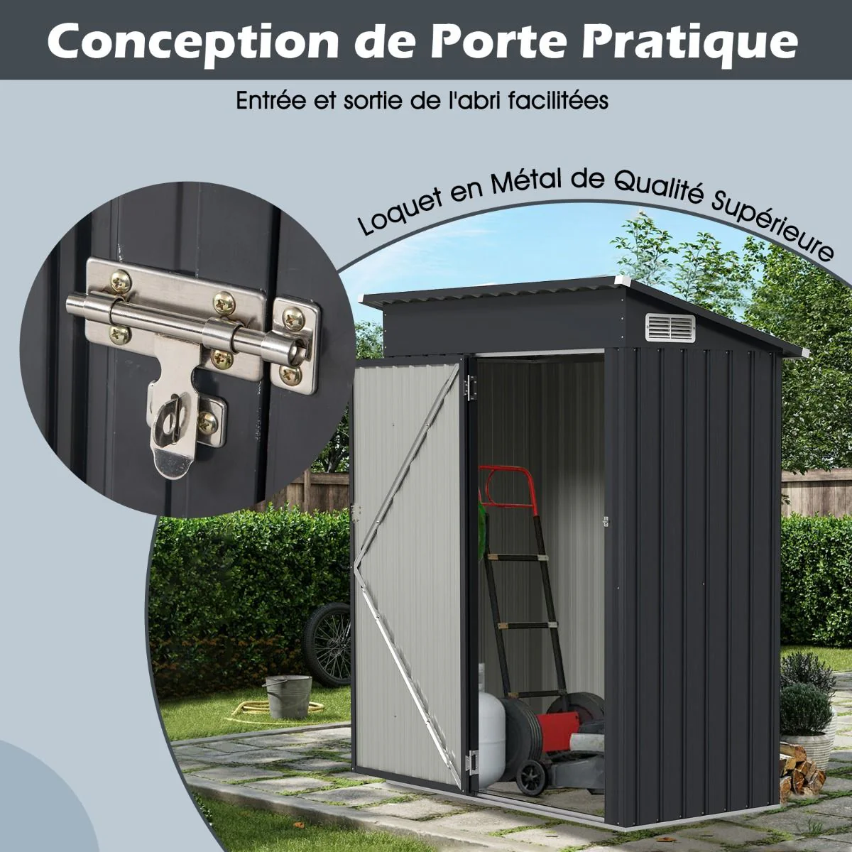Abri de Rangement Toutes Saisons Abri à Outils Utilitaire avec Toit en Pente Porte Ouvrante Aérations Cadre en Métal Galvanisé Gris