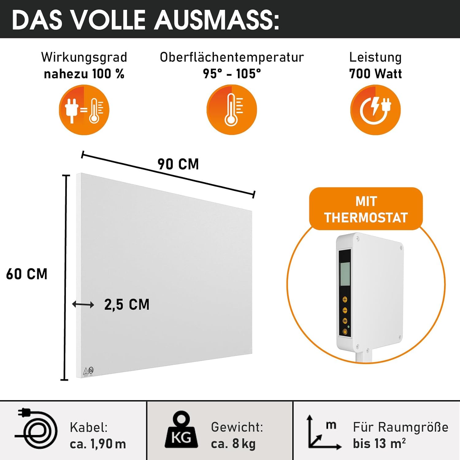 BRAST® Infrarotheizung mit Thermostat | 300-1100 Watt | Made in Europe | Inkl. Wandhalterung | hoher Wirkungsgrad | Flexibler Einsatz | Ultraflache Bauweise | IP-TH 700