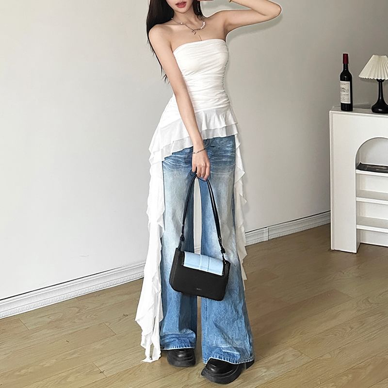 Sugarcoat - Effen asymmetrische top met ruches en gerimpelde rand