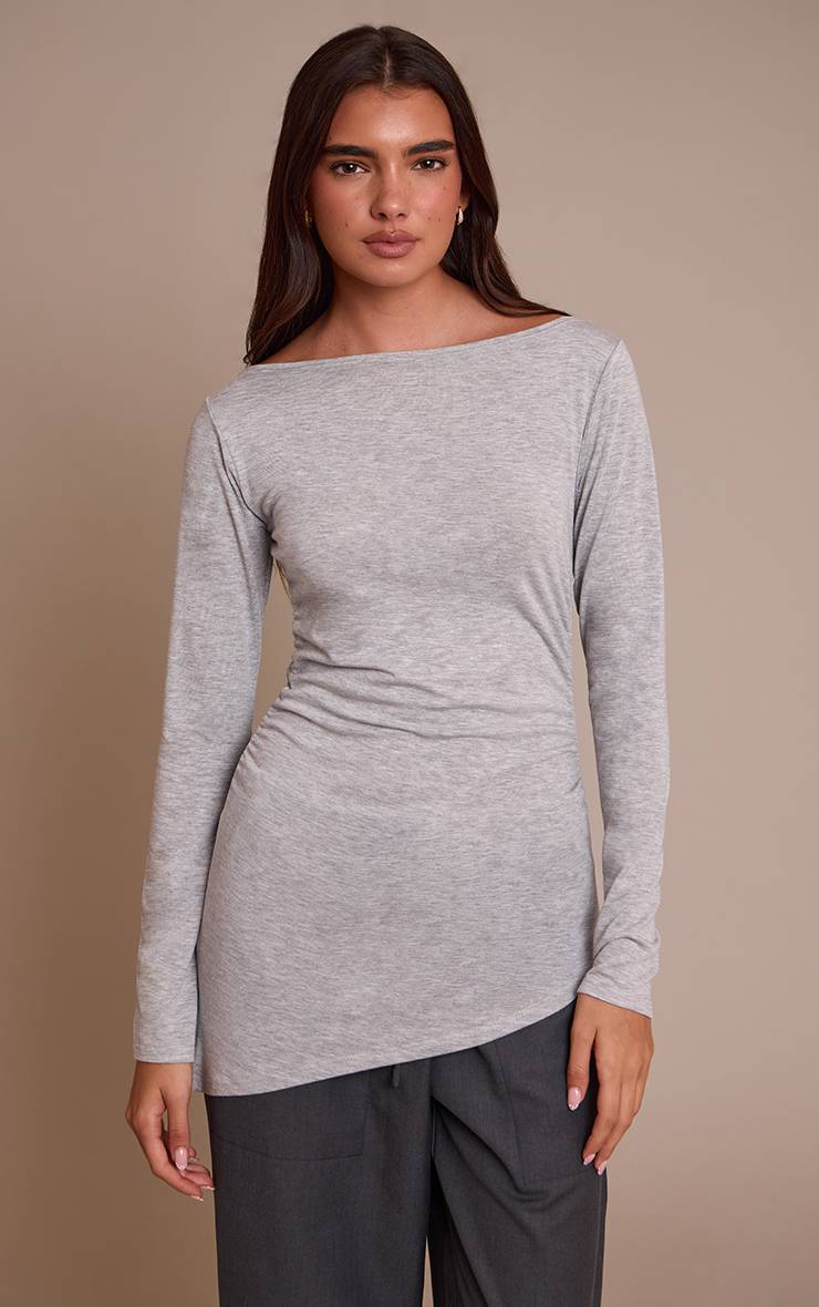 Gris Chiné Haut À Manches Longues Avec Détail D'ourlet Asymétrique