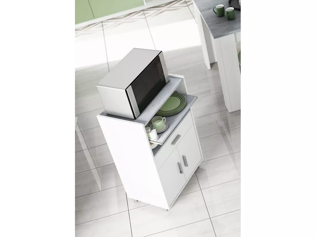 Chariot Dmatte, Armoire de cuisine auxiliaire à roulettes, Armoire polyvalente avec 2 portes et 1 étagère, 59x40h92 cm, Blanc