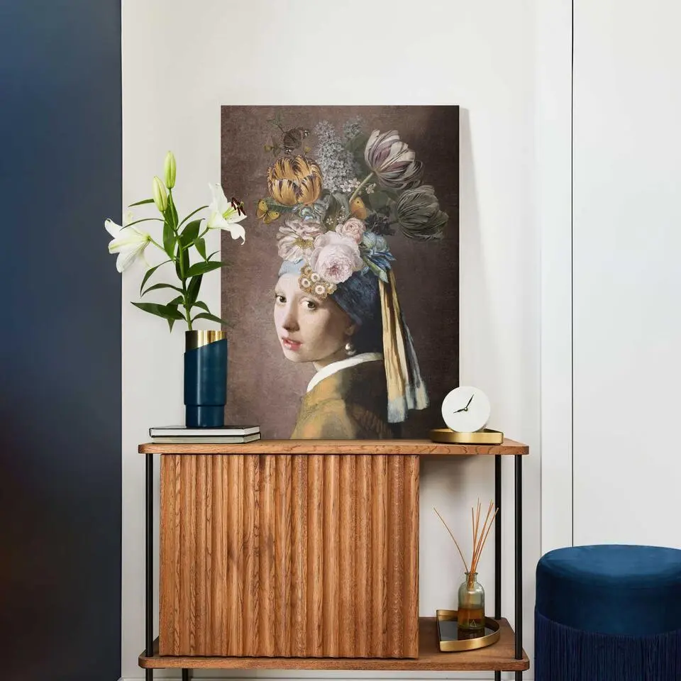 Schilderij Vermeer Bloemenmeisje met de Parel - 70x50cm - Bont