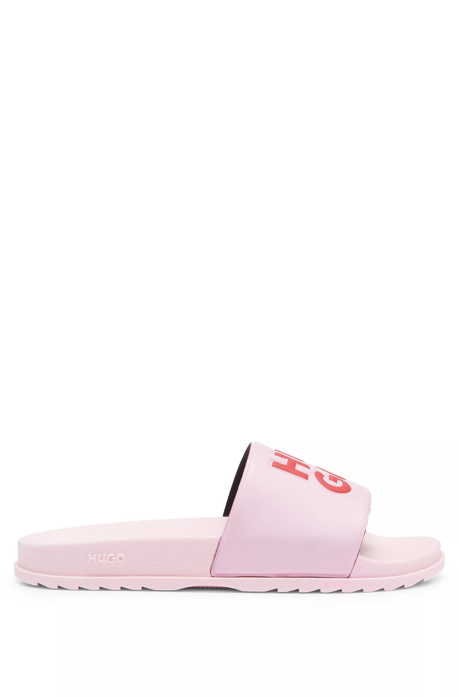 Chinelo HUGO vermelho, fabricado na Itália, com logotipo empilhado.