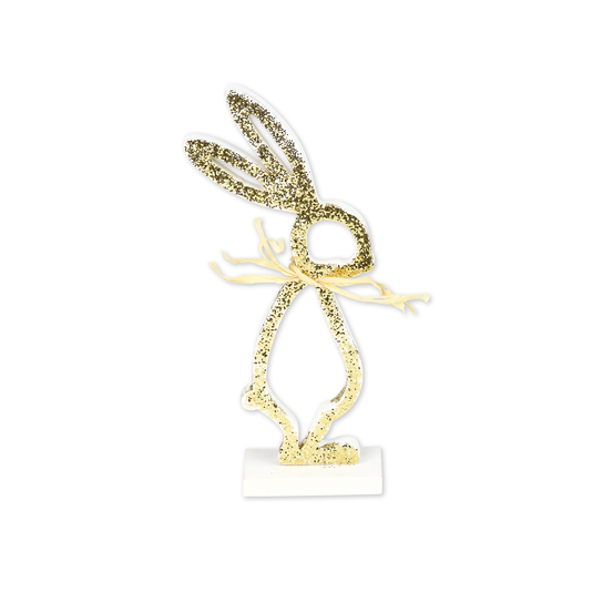 Lapin sur socle bois blanc paillettés or avec raphia - 8x3x18cm
