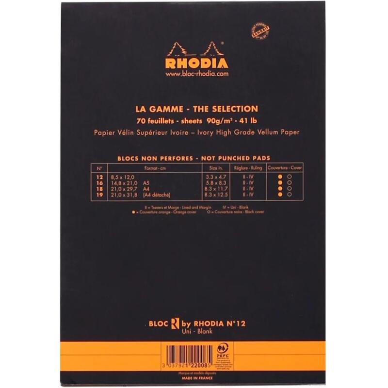 Bloc agrafé le R N°12 8,5x12 cm 70 feuilles unies 90 g. - Noir