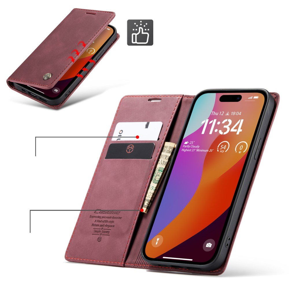 iPhone 16 Pro Leder Tasche Flip Wallet Etui mit Kartenfächern - Dunkelrot