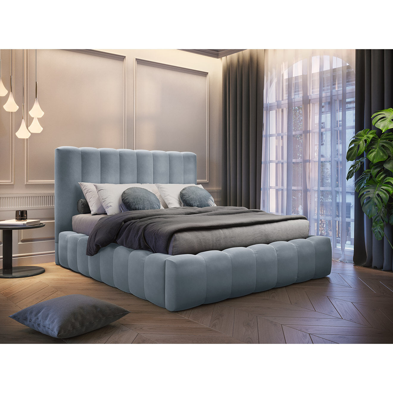 Milo Casa Lit Coffre en Velours avec Tête de Lit Gina bleu clair - 140x200 cm