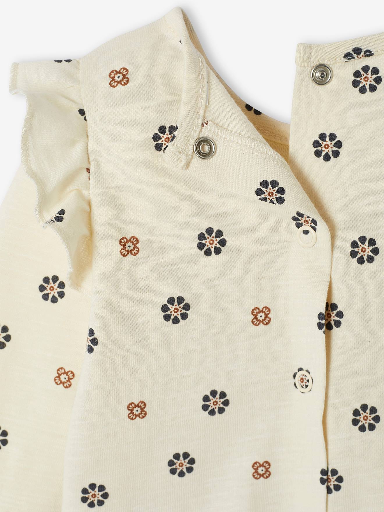 Camiseta infantil com estampa floral e babado, cor off-white