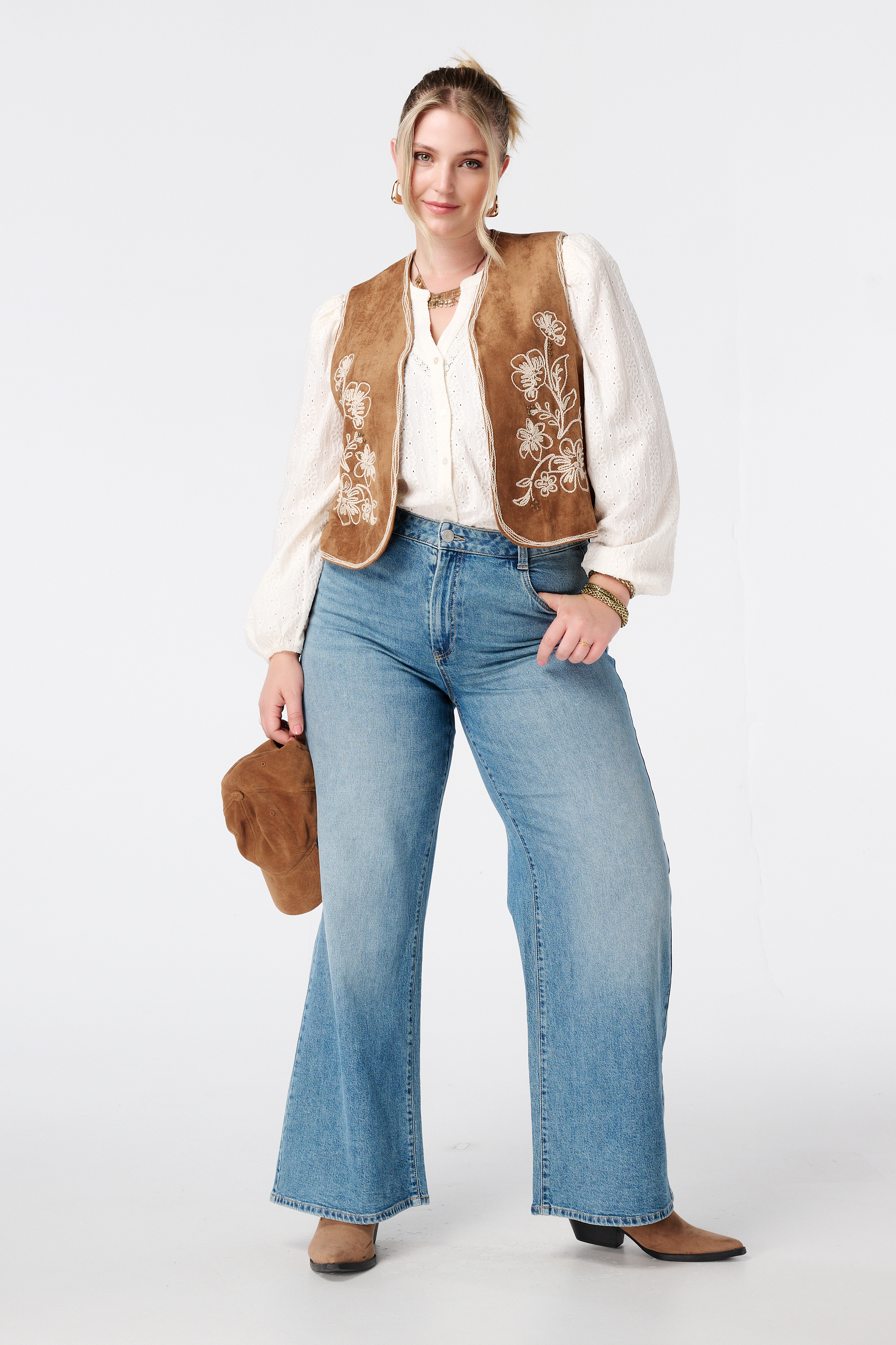 Suèdine gilet met broderie Cognac
