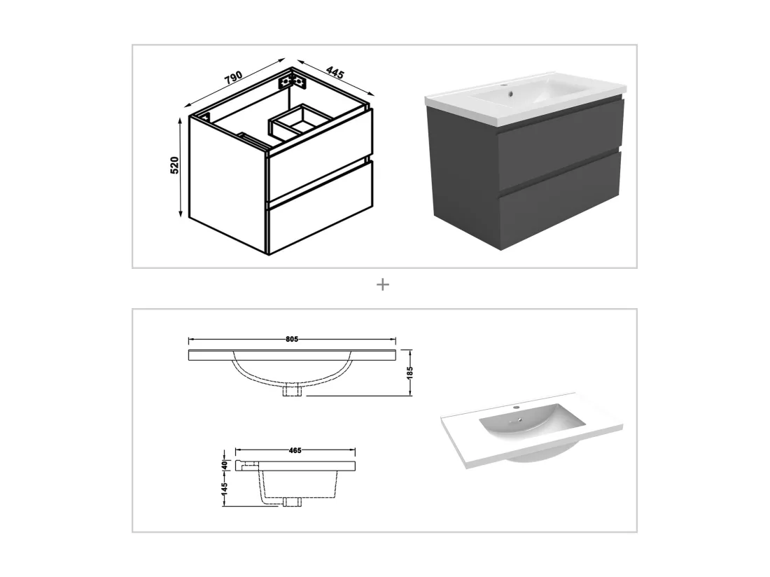 Meubles Salle de Bain 80cm avec colonne + miroir lumineux 3 couleurs Anthracite