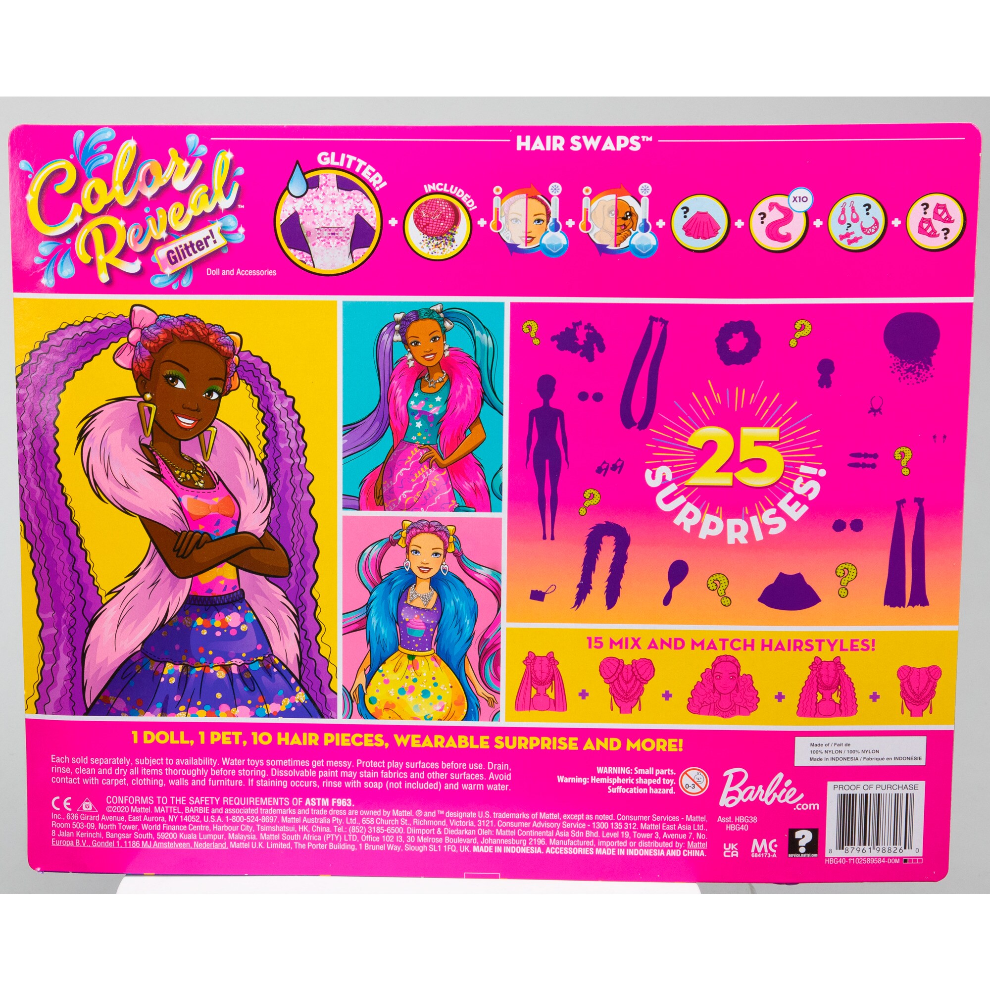 Mattel Puppe Barbie Color Reveal Glitzer! Haarwechsel Puppe Glitzerblau mit 25 Überraschungen