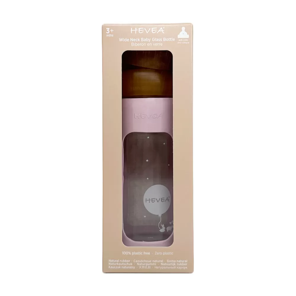 Hevea Glas Sutteflaske Wide Neck med Sleeve 250 ml, Powder Pink - 1 stk.