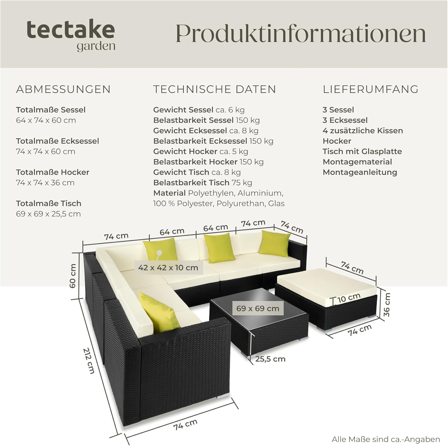 tectake® Poly Rattan Lounge, Garten Loungemöbel Set für 6 Personen, große Sitzgruppe mit L-Form Sofa und Esstisch Outdoor, Gartenmöbel wetterfest, Terrassenmöbel inkl. Hocker und Kissen - schwarz