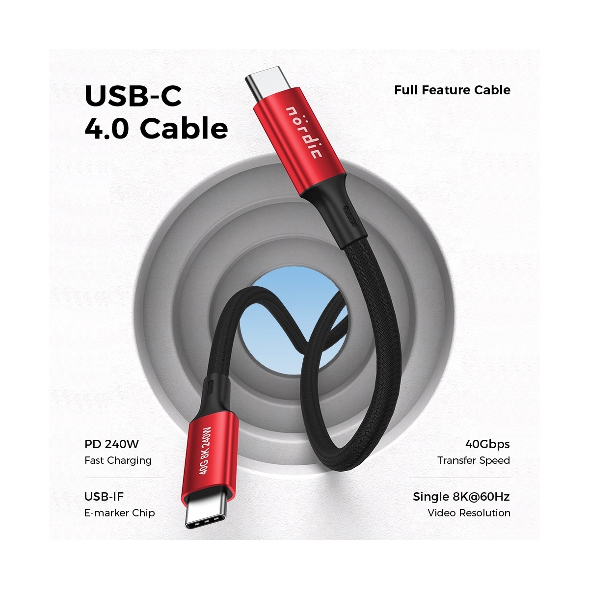 NÖRDIC 2 m USB4 USB-C til C nylonflettet kabel PD3.1 240W 40G 8K60Hz 4K144Hz rød