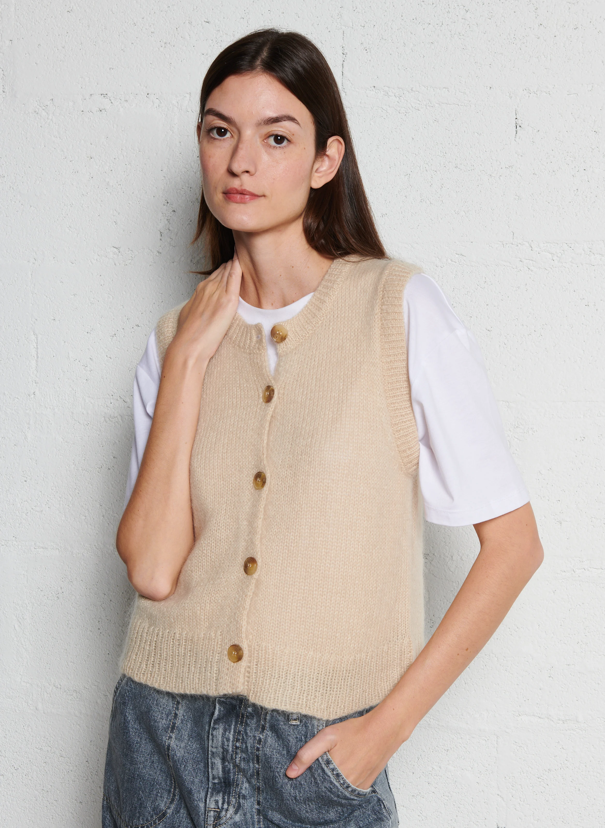 LOUKA - Cardigan col rond en mohair mélangé | Beige