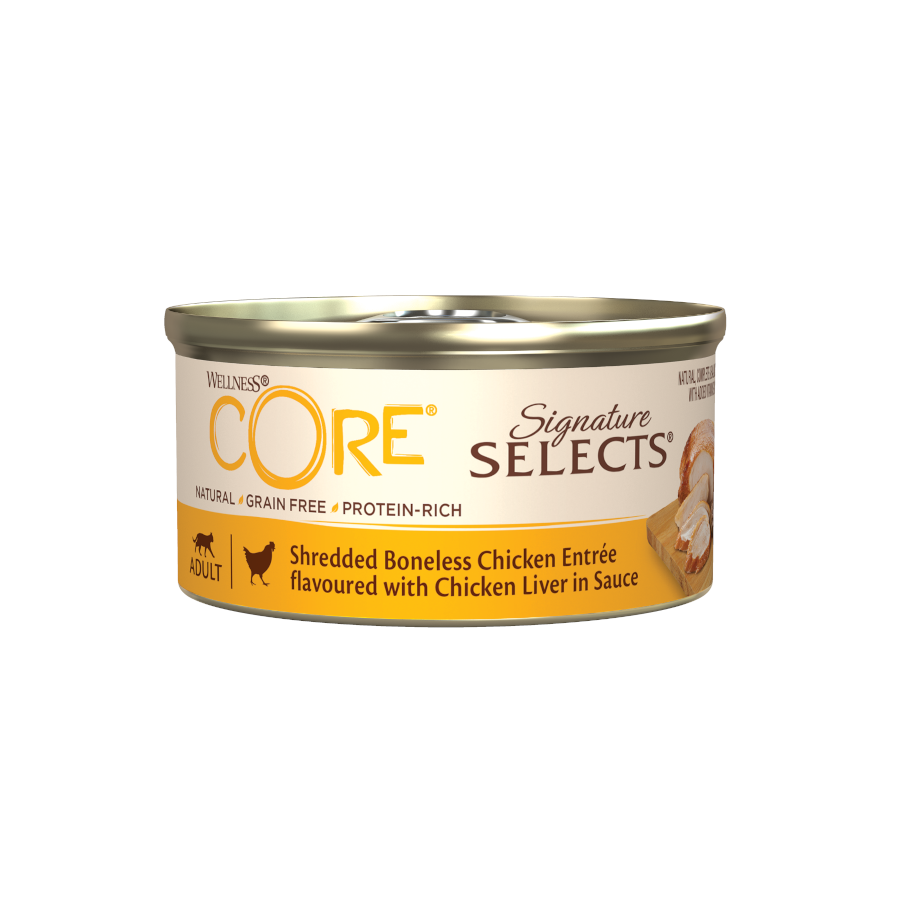 Lata de 79 g de frango desfiado Wellness Core para gatos