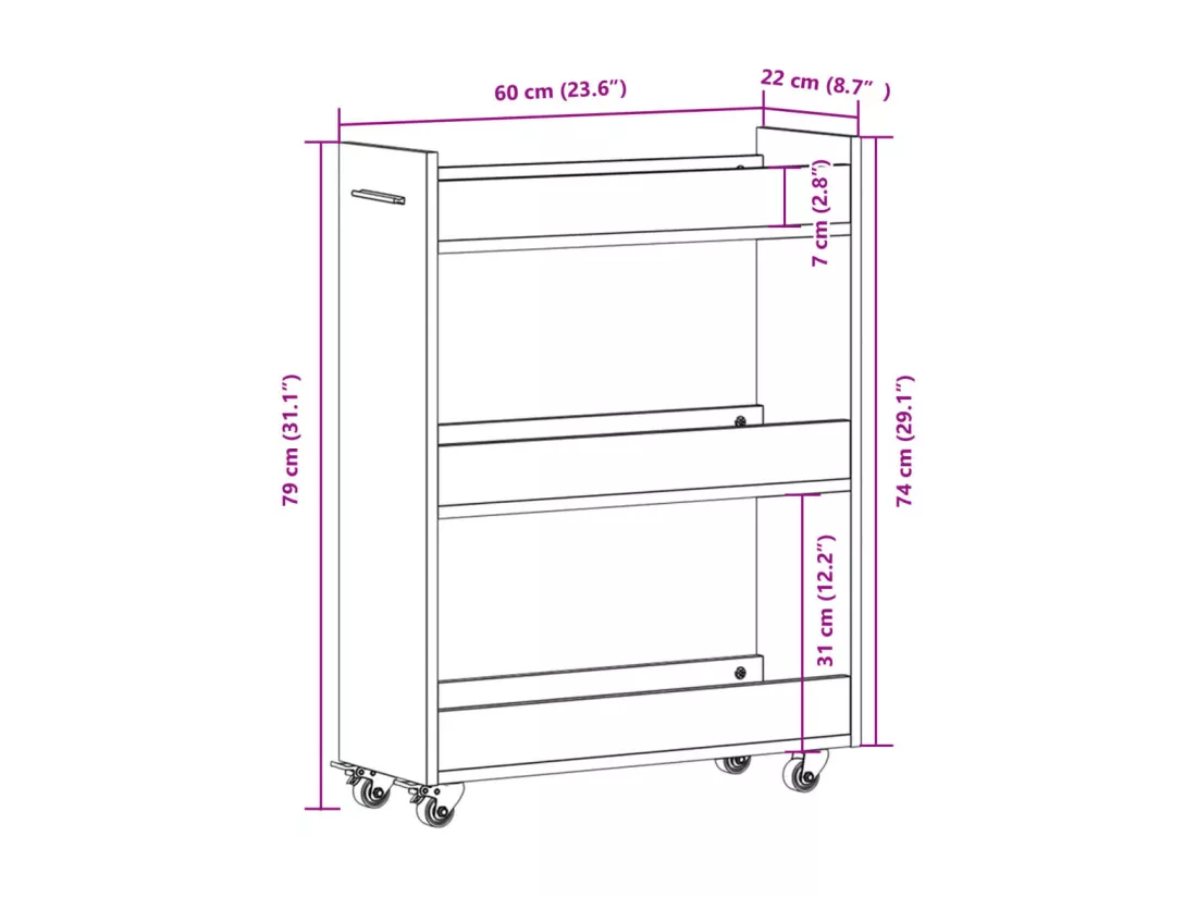 Armoire avec roues gris béton 60x22x79 cm bois d'ingénierie