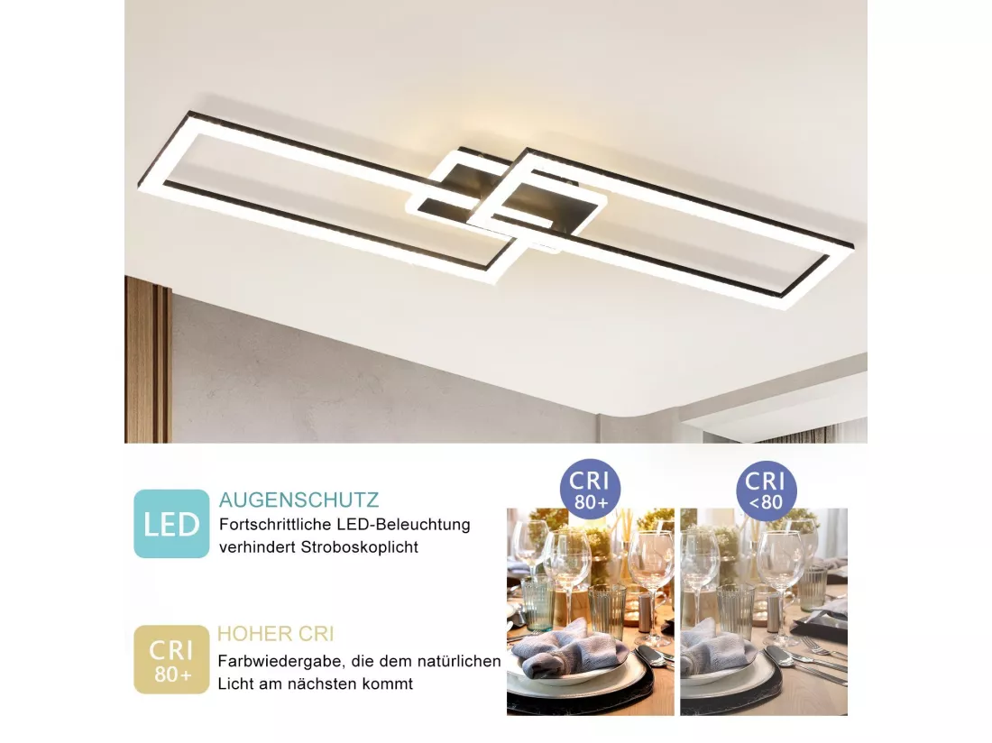 NETTLIFE Plafonnier LED Salon Dimmable 56W Noir Lampe de Salon Design Cristal Moderne Lampe de Chambre avec Télécommande Lampe de Cuisine Chambre