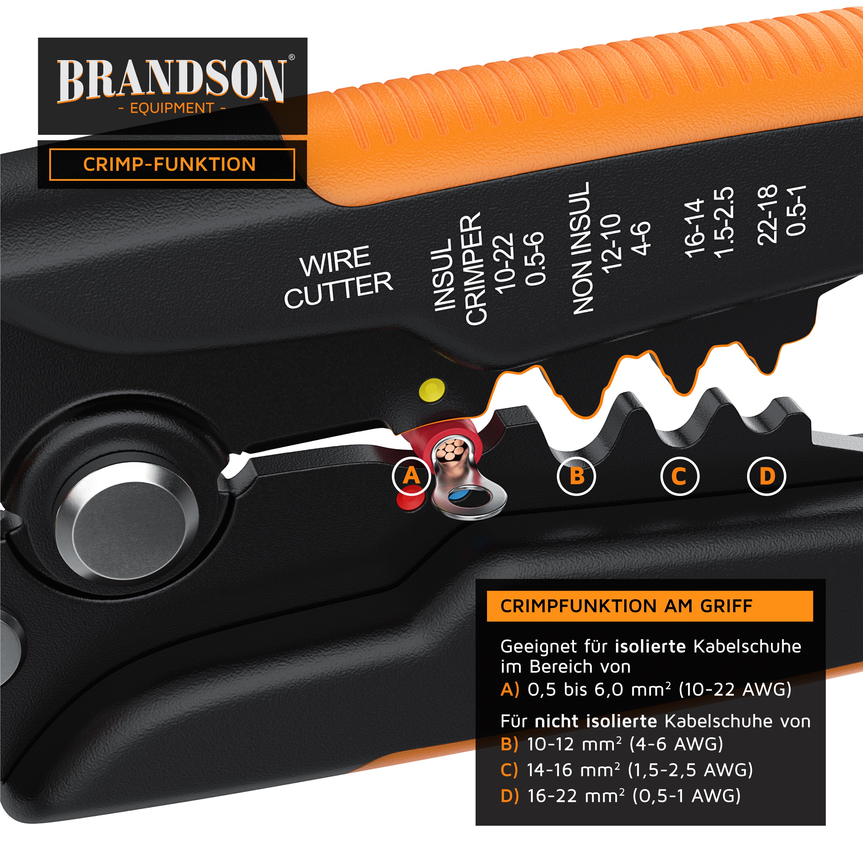 Brandson Abisolierzange selbsteinstellend - 10-24 AWG - Kabelschneider zum Abisolieren für Kabeldurchmesser von 0.2 - 6mm² - Crimpzange Crimpen