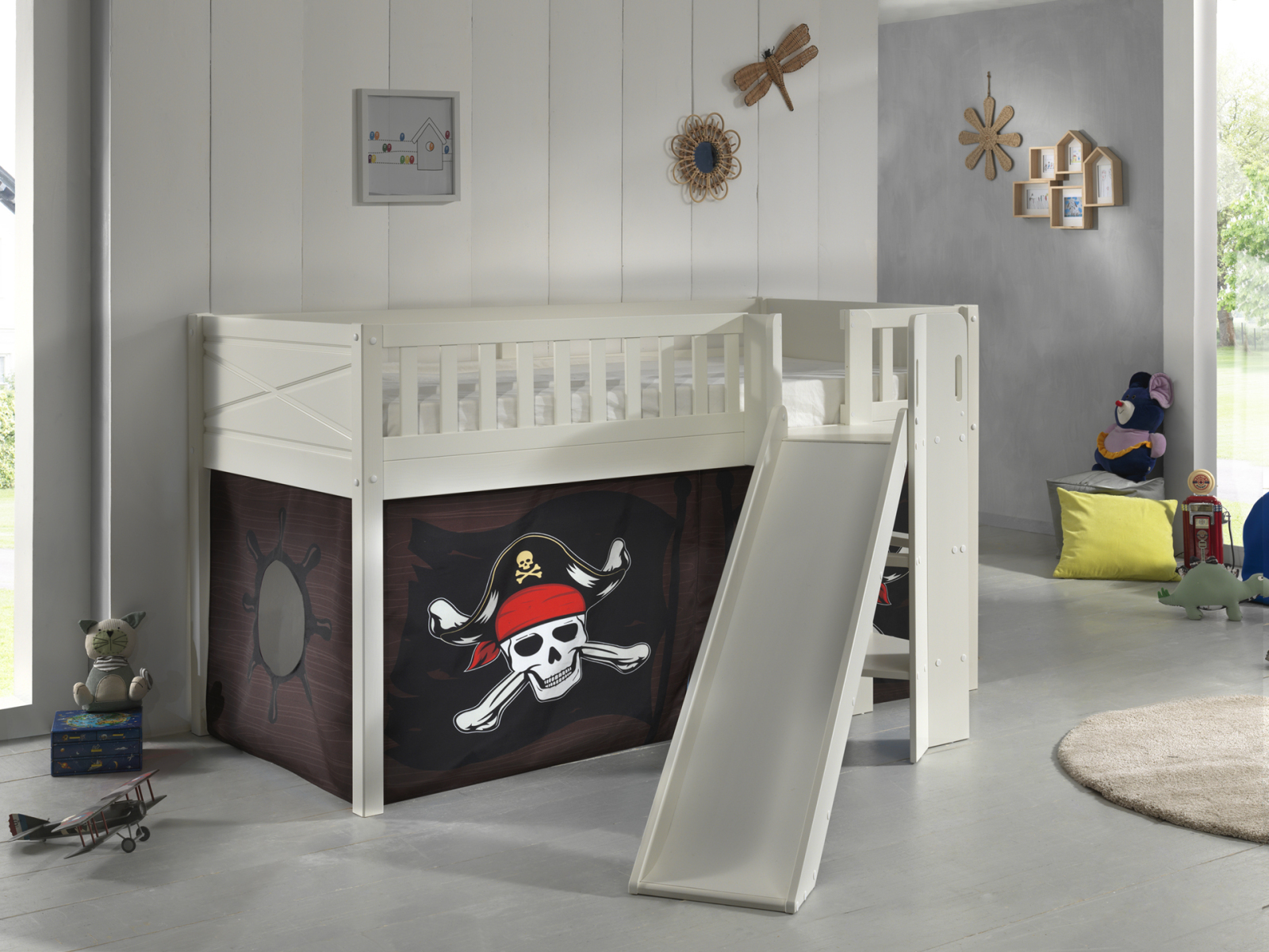 Spielbett SCOTT - weiß - Caribian Pirate - mit Rutsche, Vorhang und Leiter - 90x200 cm