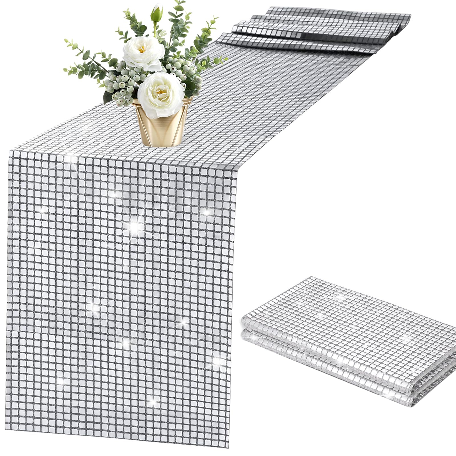 (2er Set) 180x30cm Disco Tischläufer Party Deko Pailetten Tischtuch Glitzer Tischdecke - Silber