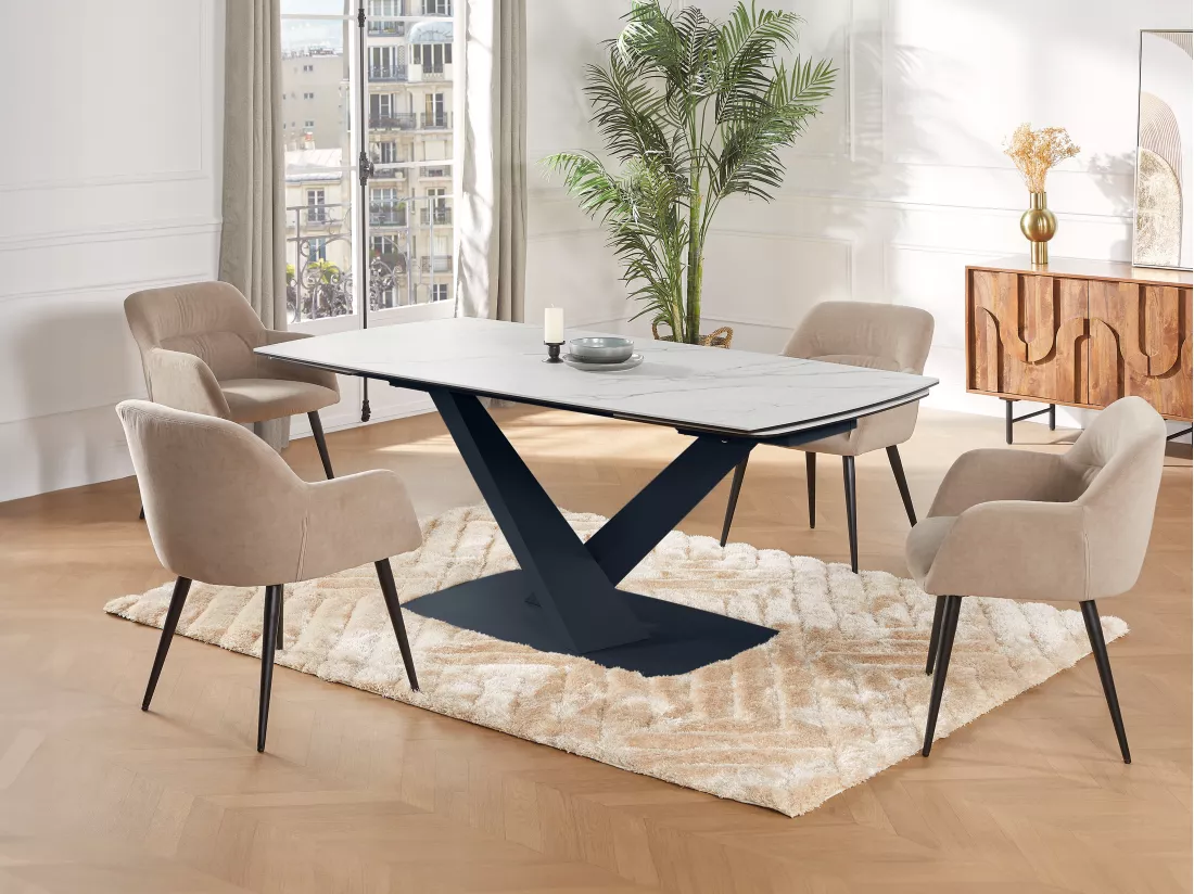Table à manger extensible 6 à 10 personnes en verre trempé, céramique et métal - Effet marbre blanc et noir - MALATA de Maison Céphy