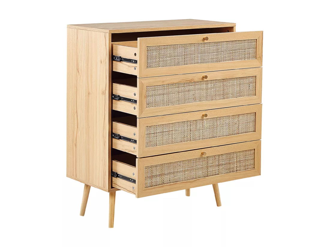 Commode à 4 tiroirs PEROTE Rotin 97 cm Imitation bois Marron clair