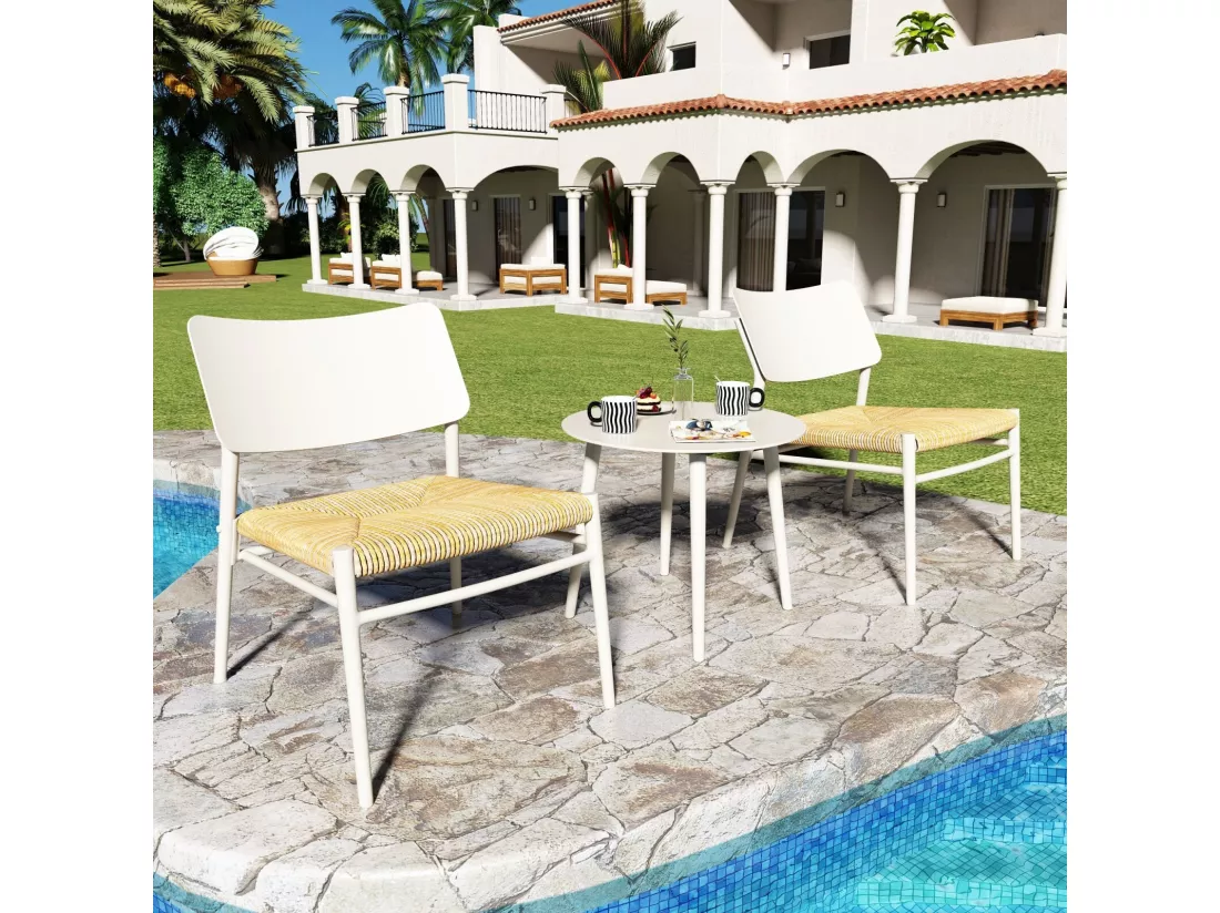 Salon de jardin en aluminium et rotin - table basse et 2 chaise ergonomie - charge max 150kg - Beige