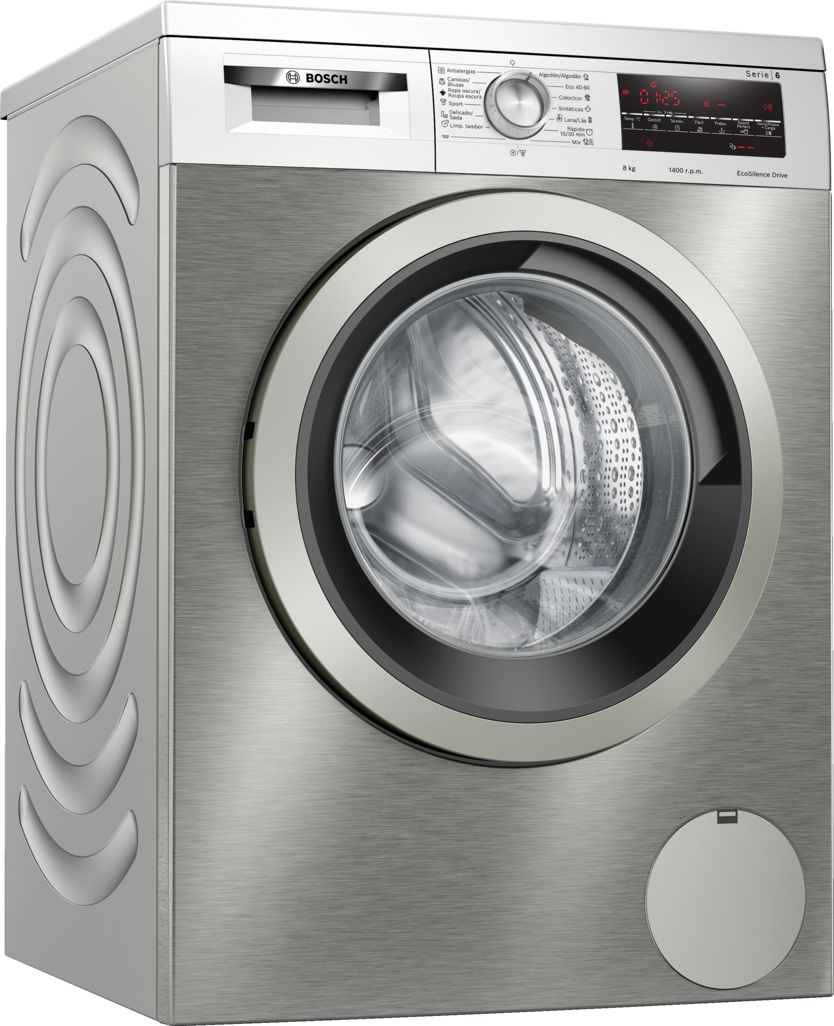 # PRODUTO RECONDICIONADO # Máquina de Lavar Roupa Série 6 com Carregamento Frontal, 8 kg, 1400 rpm, Aço Inoxidável WUU28T6XESB