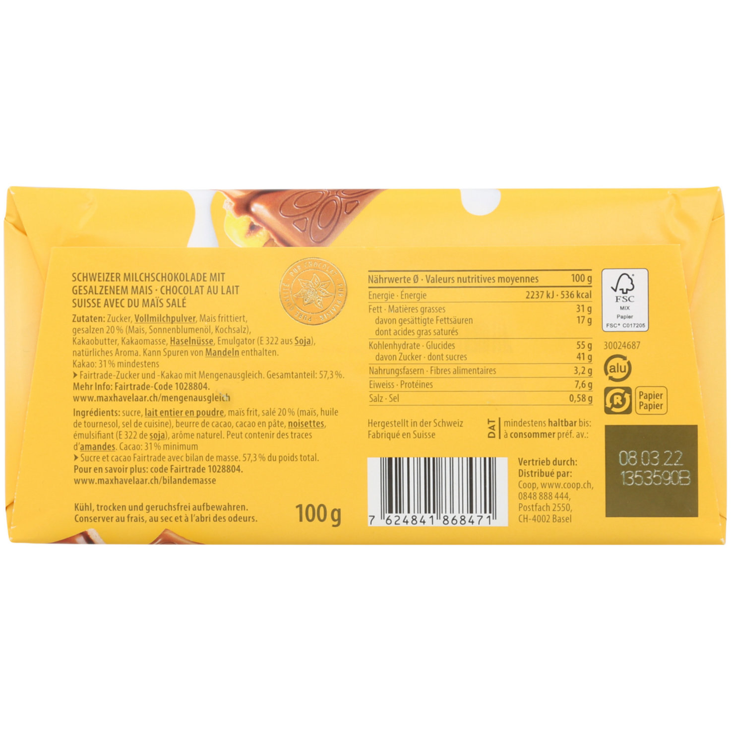 Halba Tafelschokolade Milch Crunchy Mais