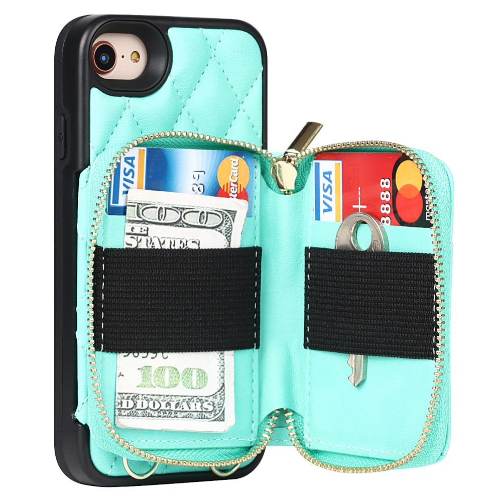 iPhone SE (2022/2020) / 8 / 7 Necklace Leder Hülle mit Magnet Wallet Kreditkarten Münzfach   Handykette (140cm) - Türkis