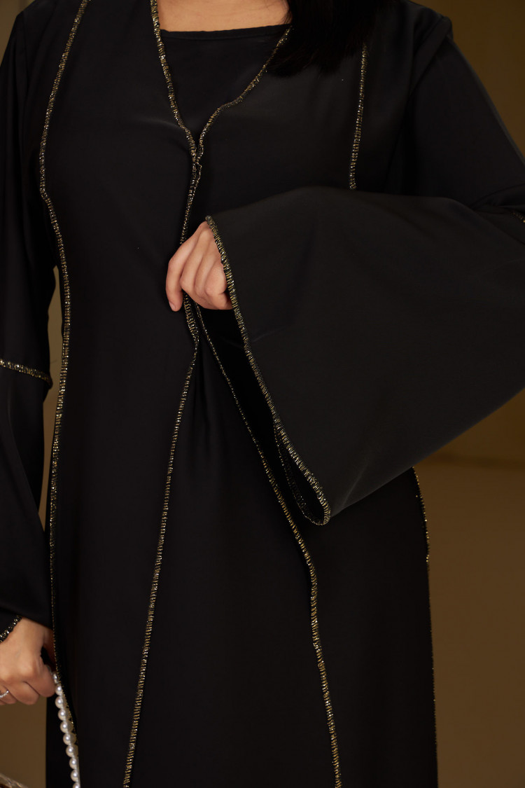 Ensemble 2 pièces abaya + gilet à enfiler noir et doré