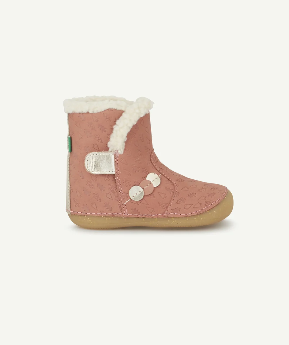 KICKERSBOTTINES BÉBÉ FILLE EN CUIR ROSE AVEC SAPINS ET SHERPA