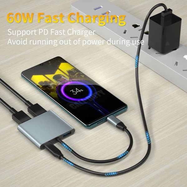NÖRDIC USB-C til 2xHDMI-adapter 4K30Hz 1xUSB-C 60W PD 1xUSB-A 3.1 5Gbps MST